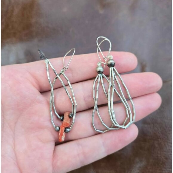 Two Pairs Liquid Silver Native American Style Earrings Coral Silver Pearls - Picture 1 of 9